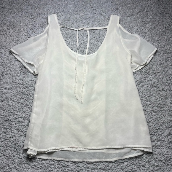 Miss Me Top Womens Small Sheer White Blouse Beaded Cold Shoulder Cottage Flowy - Picture 6 of 6